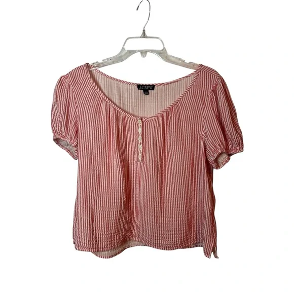 J Crew Puff Sleeve Henley Top Striped Gauze Cotton Red/White Sz M Like New - Picture 4 of 8